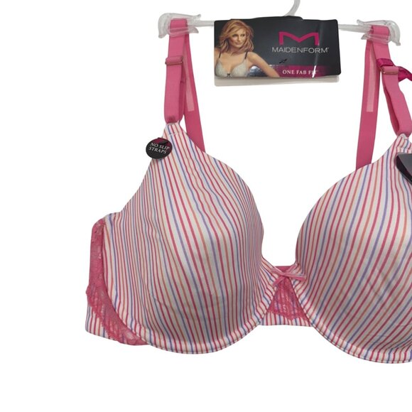 Maidenform One Fab Fit Women 40D T-Shirt Bra No-Slip Straps Pink Striped Stretch - Picture 9 of 10